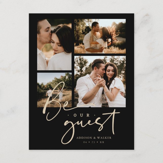 Stylish Black & Faux Gold Collage Wedding 4-Photo. Enclosure Card (Front)