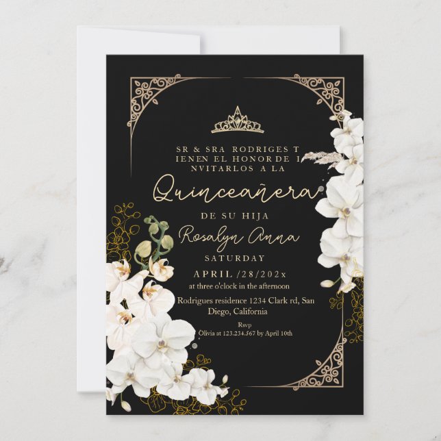 Stylish Black Floral Orchids Princess Quinceañera  Invitation (Front)