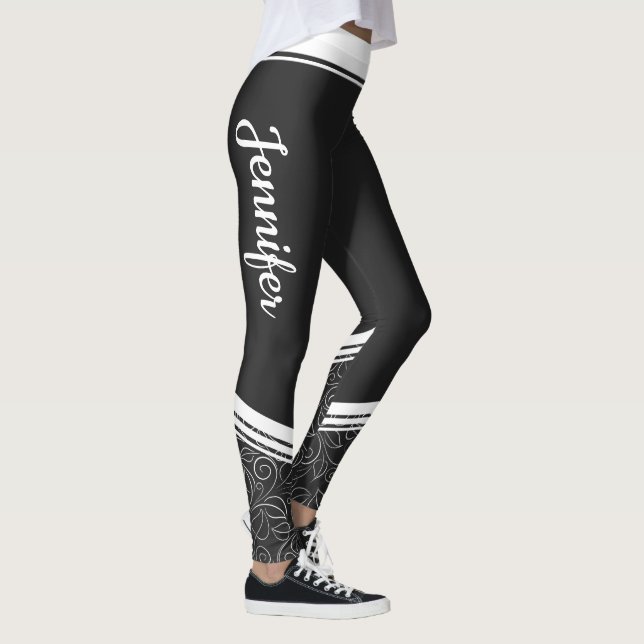 Stylish black floral white stripes and name modern leggings (Right)