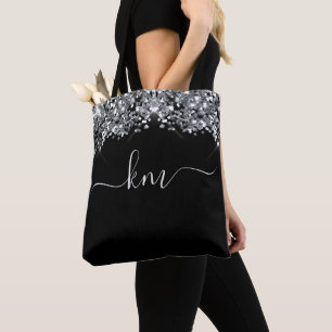 Stylish Black Glitter Script Initial Monogram Tote Bag