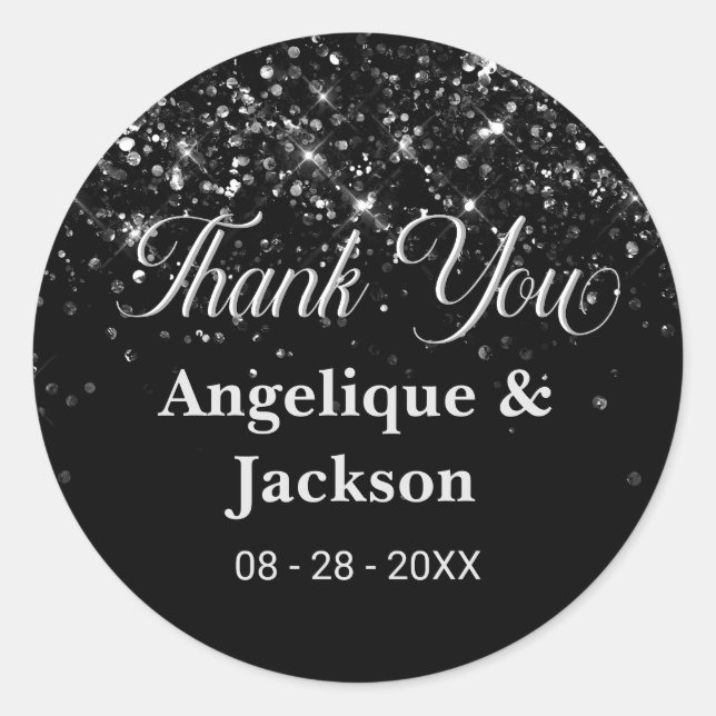 Stylish Black Glitter Thank You Classic Round Sticker (Front)