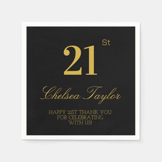 Stylish Black & Gold 21st Birthday Confetti Party Napkin (Front)