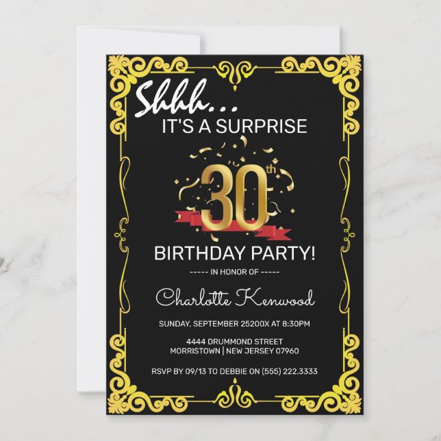 Stylish Black & Gold 30th Surprise Birthday Party  Invitation (Front)