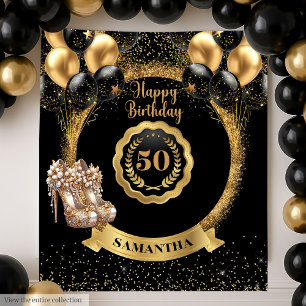 Stylish Black Gold 50th Birthday Banner Decor Tapestry
