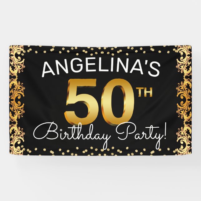 Stylish Black & Gold 50th Birthday Party Banner (Horizontal)