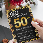 Stylish Black & Gold 50th Surprise Birthday Party Invitation<br><div class="desc">Stylish black and gold surprise birthday party invitation,  featuring an ornate gold border,  big gold numbers of the age and a birthday template that is easy to customise.</div>