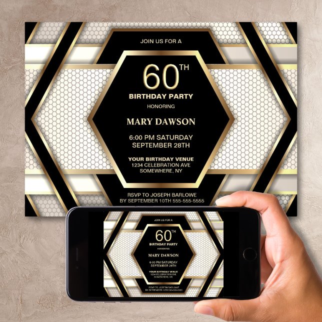 Stylish Black Gold 60th Birthday Party Invitation (Creator Uploaded)
