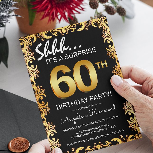 Stylish Black & Gold 60th Surprise Birthday Party Invitation (Creator Uploaded)