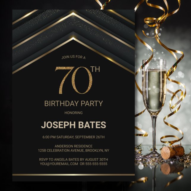 Stylish Black Gold 70th Birthday Party Invitation (Creator Uploaded)