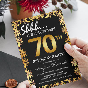 Stylish Black & Gold 70th Surprise Birthday Party Invitation