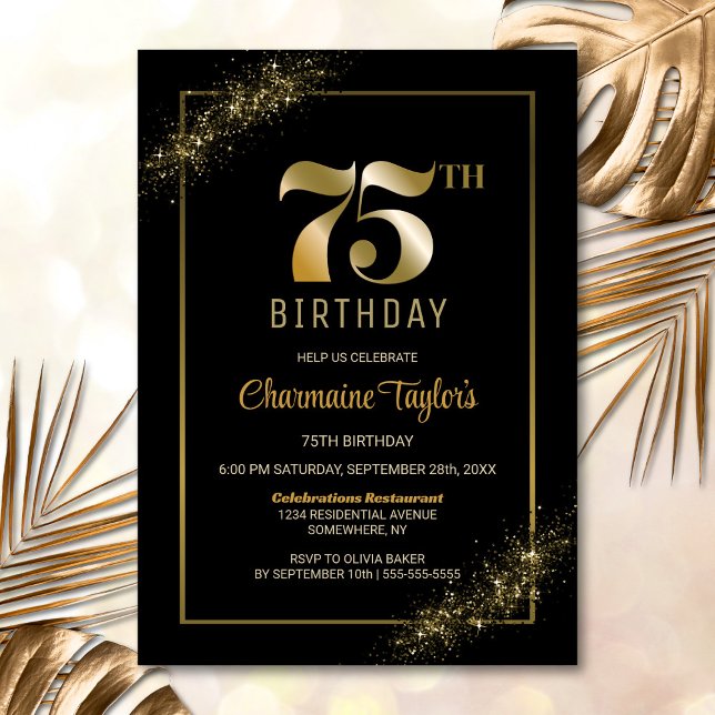 Stylish Black Gold 75th Birthday Party Invitation (Creator Uploaded)