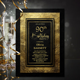 Stylish Black Gold 90th Birthday Party Invitation
