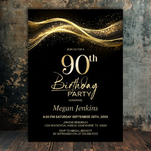 Stylish Black Gold 90th Birthday Party Invitation