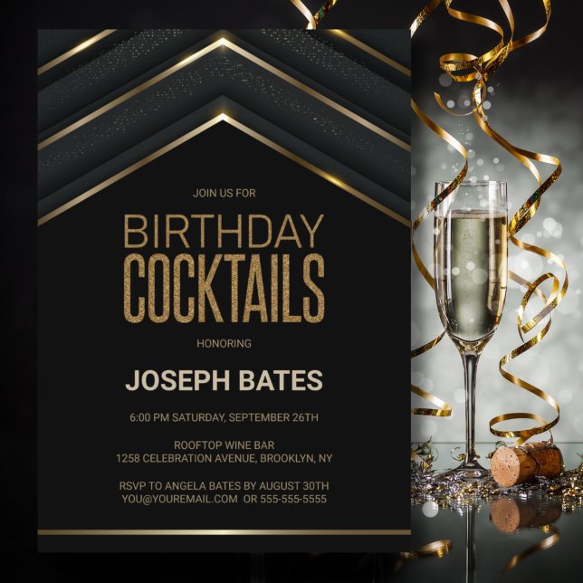 Stylish Black Gold Birthday Cocktails Invitation (Creator Uploaded)