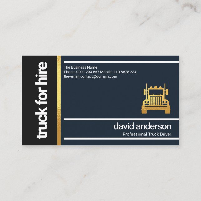 Stylish Black Gold Box White Stripe Lines Truck Business Card (Front)