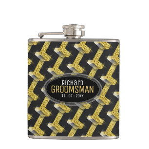 Stylish Black Gold Custom Design Groomsmen Gift Hip Flask