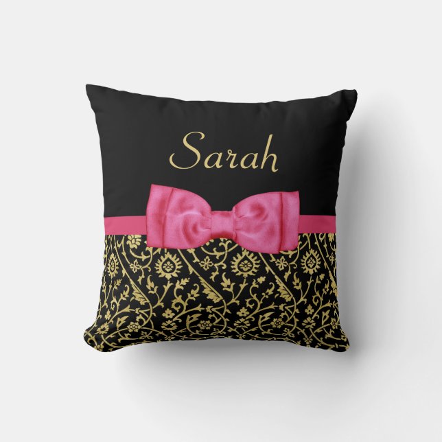 Stylish Black Gold Floral Damask Pink Bow and Name Cushion (Front)