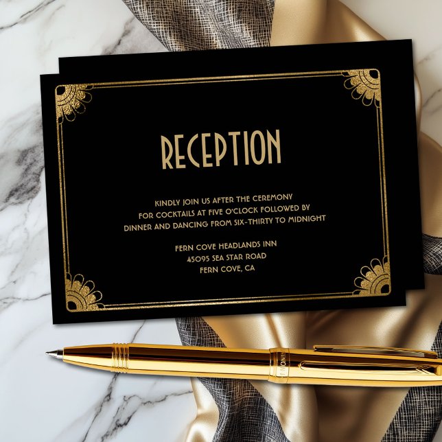 Stylish Black Gold Fun Art Deco Wedding Reception Enclosure Card (Classy black and gold floral art deco wedding reception enclosure card)