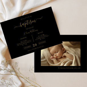 Stylish Black & Gold Gender Neutral Photo Baptism Invitation
