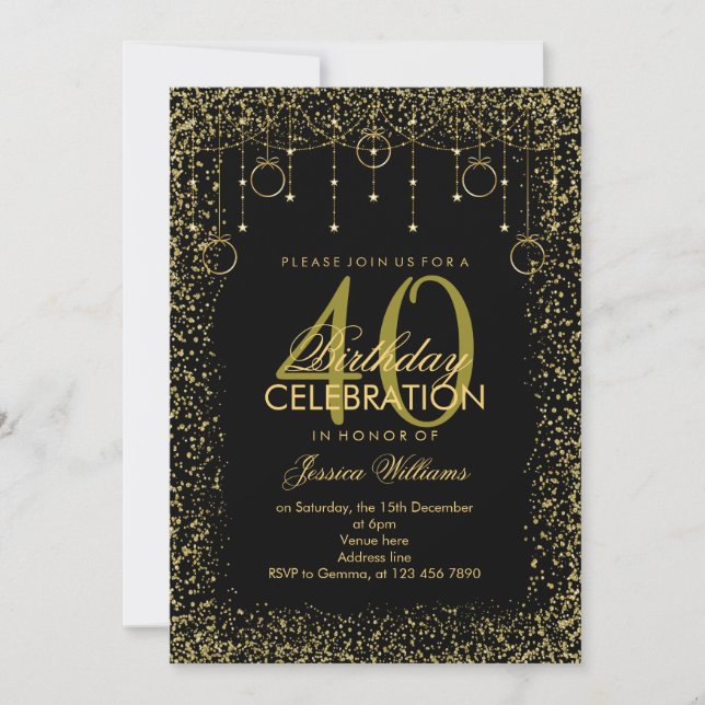 Stylish Black & Gold Glitter Decoration Birthday Invitation (Front)