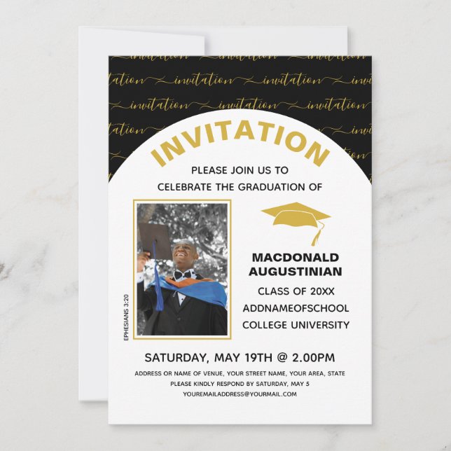 Stylish Black Gold Graduate Photo Invitation (Front)