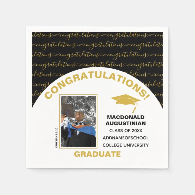 Stylish Black Gold Graduate Photo Napkin (Front)