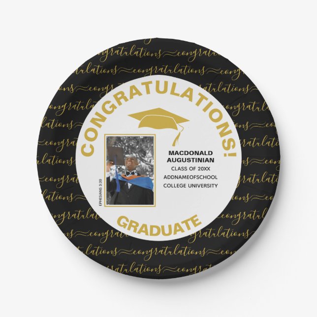 Stylish Black Gold Graduate Photo Paper Plate (Front)