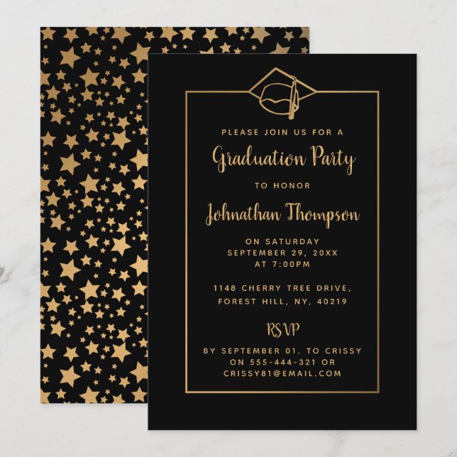 Stylish Black & Gold Graduation Party Invitations (Front/Back)
