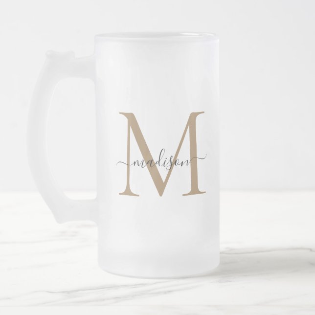 Stylish Black Gold Monogram Elegant Script Name Frosted Glass Beer Mug (Left)