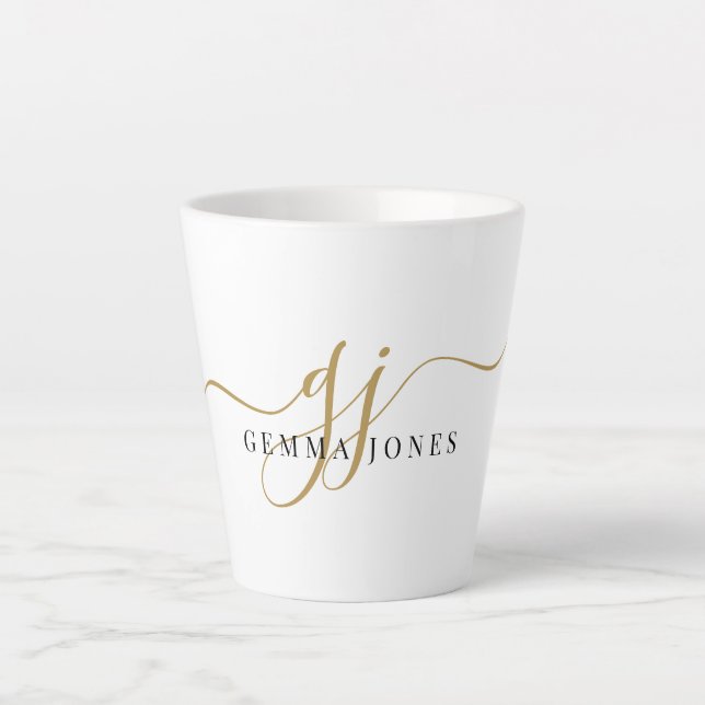 Stylish Black Gold Monogram Elegant Script Name  Latte Mug (Front)