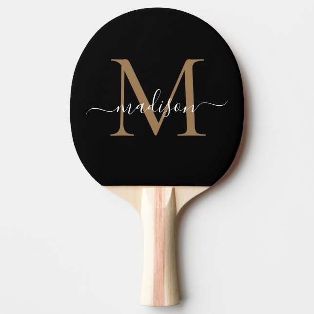 Stylish Black Gold Monogram Elegant Script Name Ping Pong Paddle (Front)