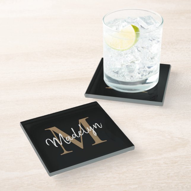 Stylish Black Gold Monogram Feminine Script Name Glass Coaster (Angled)