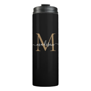 Stylish Black Gold Monogram Girly Script Fitness Thermal Tumbler