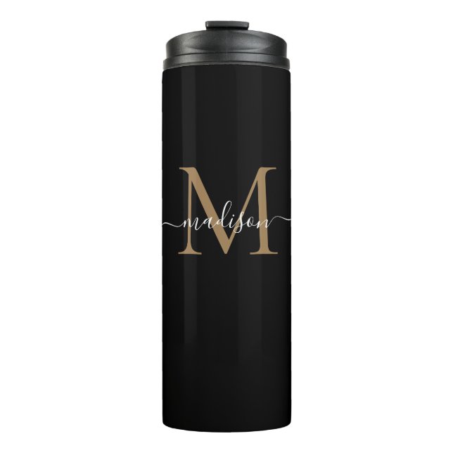 Stylish Black Gold Monogram Girly Script Fitness Thermal Tumbler (Front)