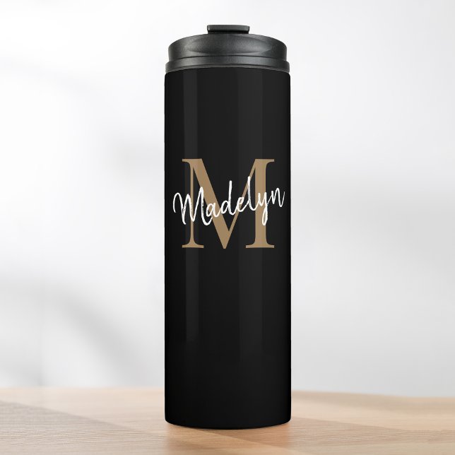 Stylish Black Gold Monogram Girly Script Thermal Tumbler (Creator Uploaded)