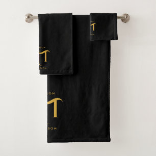 Stylish Black & Gold Monogram Initials Letters Bath Towel Set