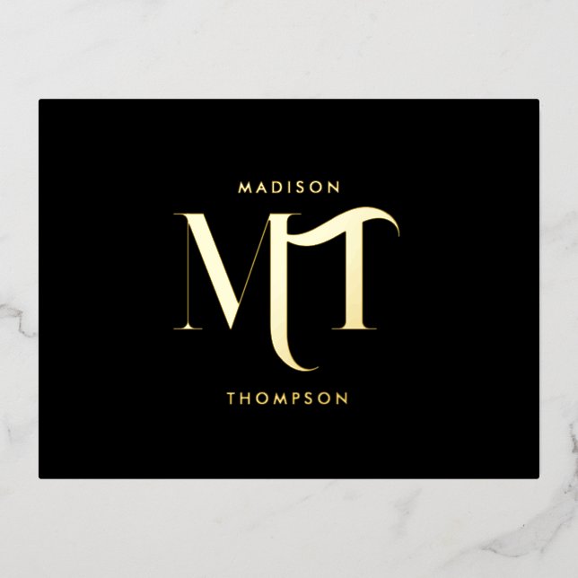 Stylish Black & Gold Monogram Initials Letters  Foil Holiday Postcard (Front)