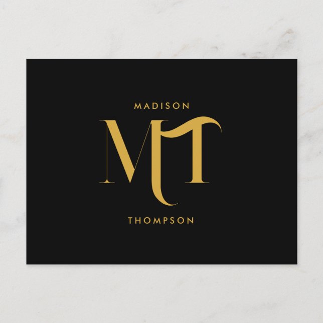 Stylish Black & Gold Monogram Initials Letters Holiday Postcard (Front)