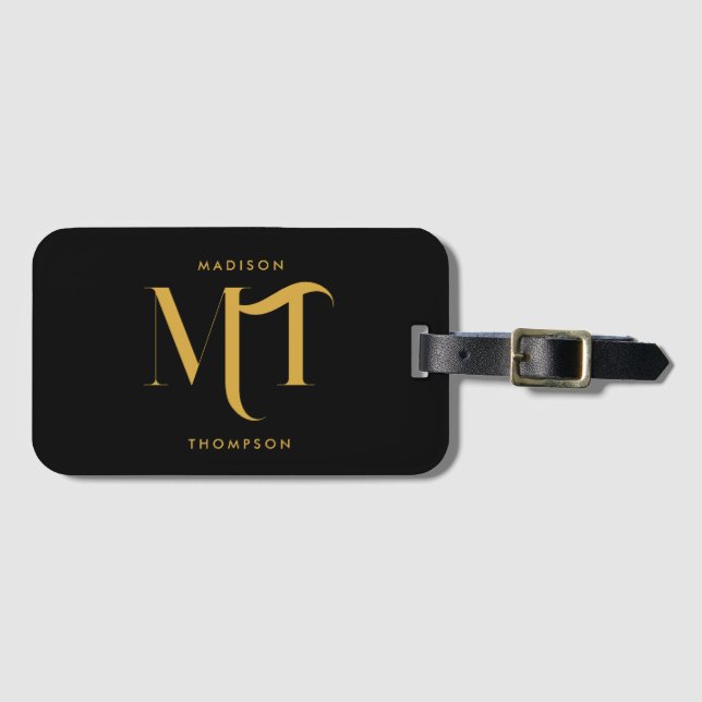 Stylish Black & Gold Monogram Initials Letters Luggage Tag (Front Horizontal)