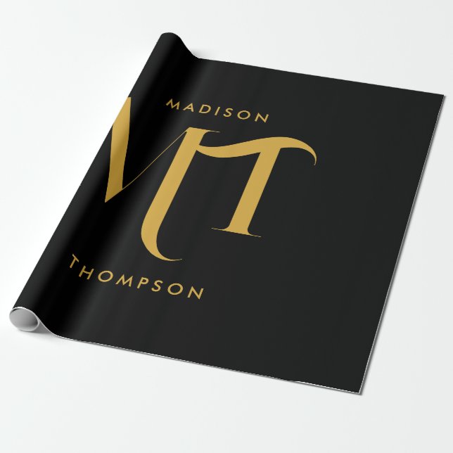 Stylish Black & Gold Monogram Initials Letters  Wrapping Paper (Unrolled)