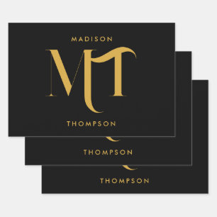 Stylish Black & Gold Monogram Initials Letters Wrapping Paper Sheet