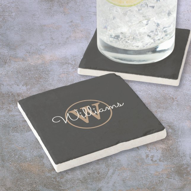 Stylish Black Gold Monogram Script Name Stone Coaster (Stylish Black Gold Monogram Script Name Stone Coaster)