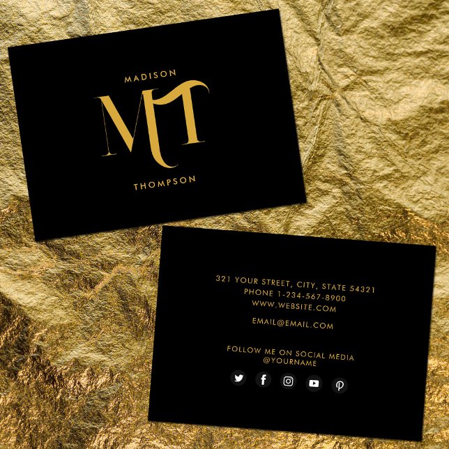 Stylish Black & Gold Monogram Social Media Icons Business Card (Creator Uploaded)