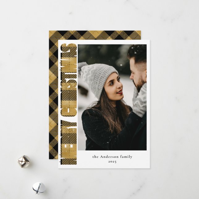 Stylish Black & Gold Plaid Christmas Family Photo Holiday Card (Front/Back In Situ)