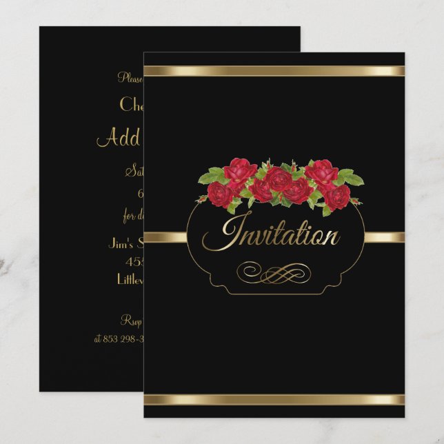 Stylish Black & Gold & Red Roses Party Invitation (Front/Back)