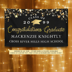 Stylish Black Gold Script Congrats Grad Stars Banner