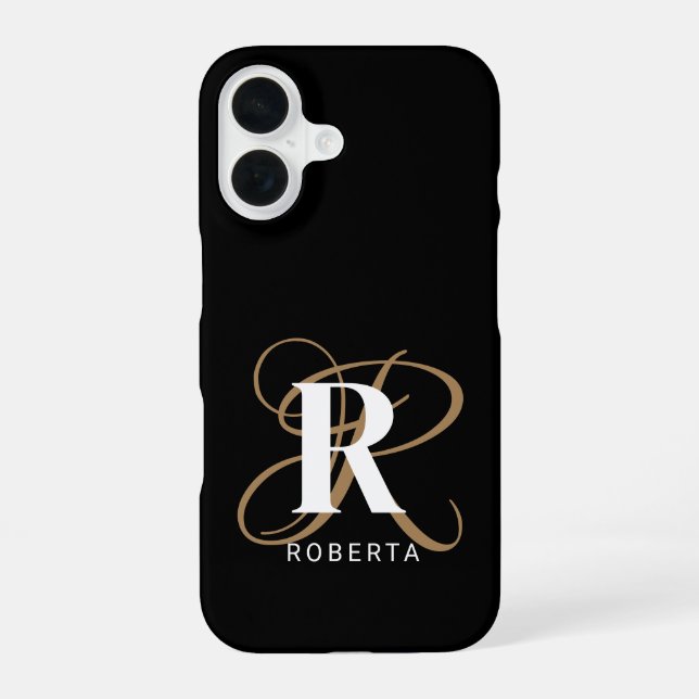 Stylish Black Gold Script Monogram Name iPhone 16 Case (Back)