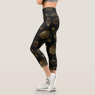 Stylish Black Gold Seashells Pattern Capri Leggings