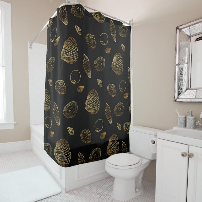 Stylish Black Gold Seashells Pattern Shower Curtain (In Situ)