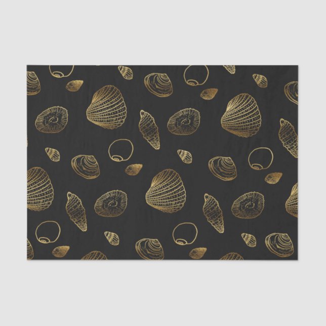 Stylish Black Gold Seashells Pattern Tissue Paper (Front)